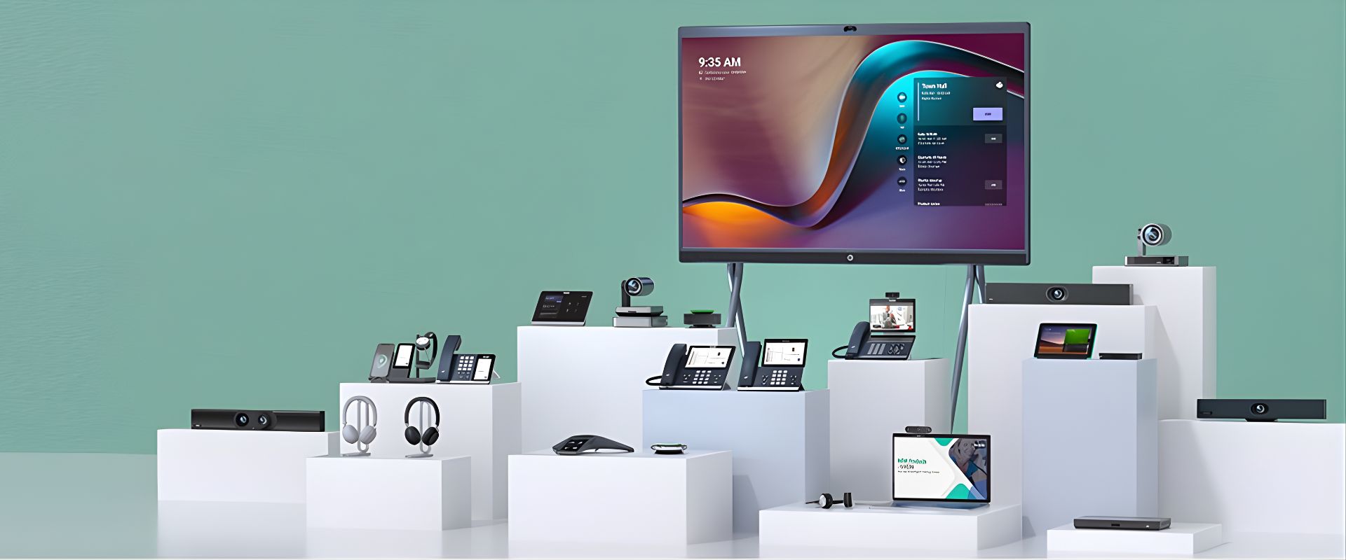 Modern conference room with dual displays and video bar